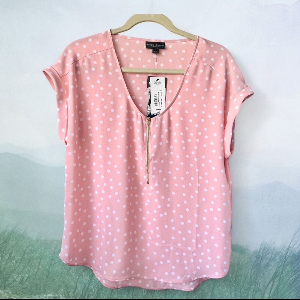 Pink & White Polka Dot Short Sleeve V-Neck Blouse with Gold tone Zipper. Medium